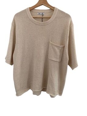 Zara Beige/Light Peach Short Sleeve Knit Top with Pocket